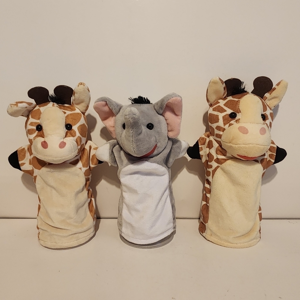 3 9” Zoo Animal Hand Puppets Giraffes and Elephant